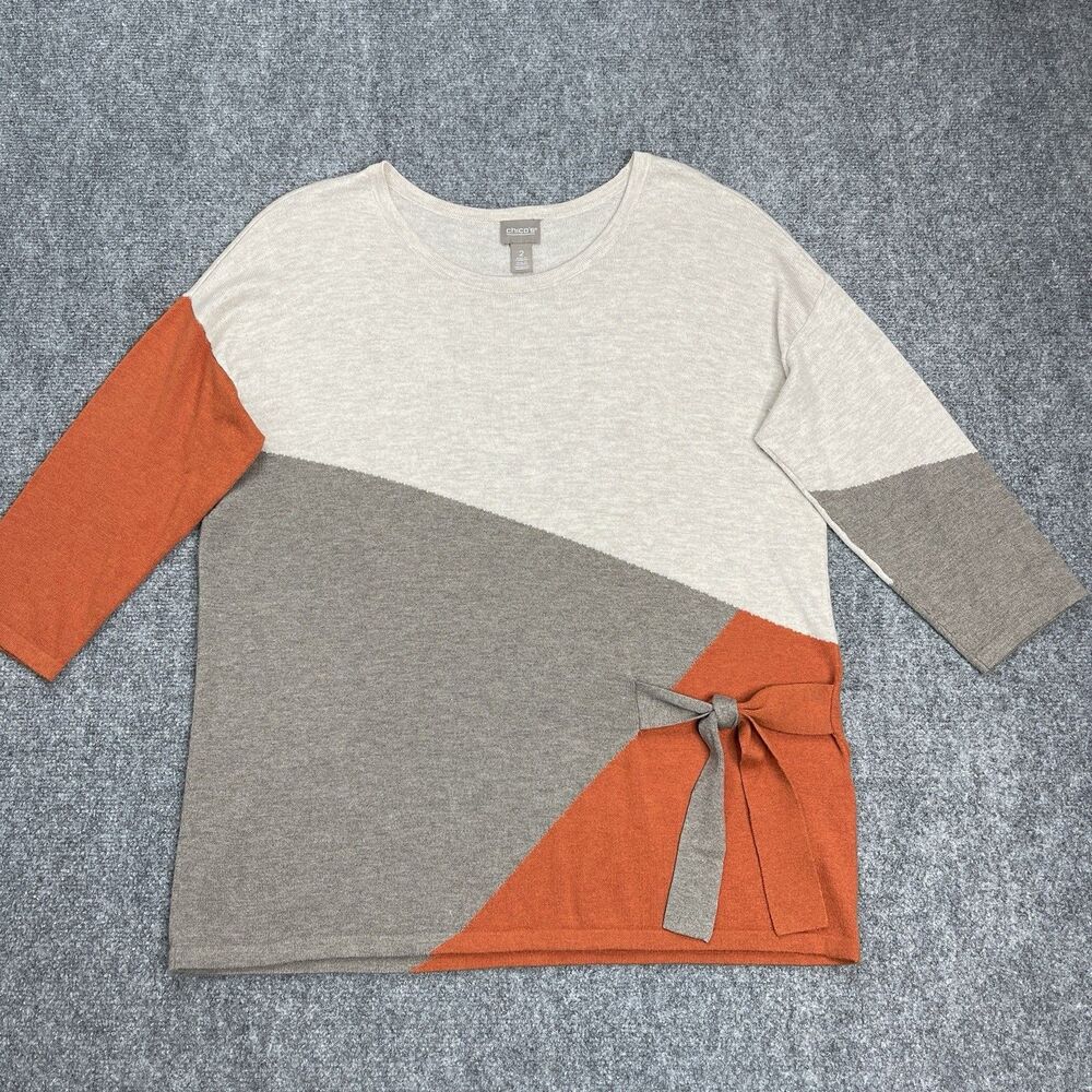 Chicos Sweater Sz 2 Womens Size Large Touch Of Cashmere Colorblock Side Tie